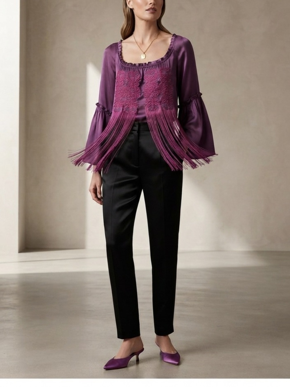 Hale bob purple fringe silk blouse